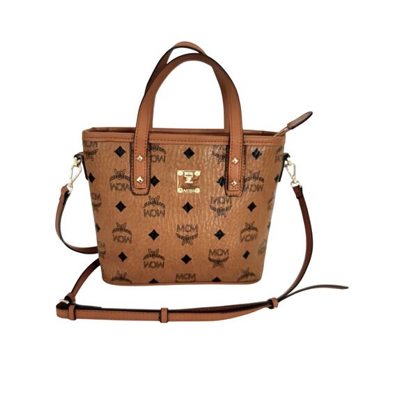 MCM Visetos Mini Anya Top Zip Shopper Tote Crossbody Handbag Cognac Brown #10947 - Picture 1 of 16